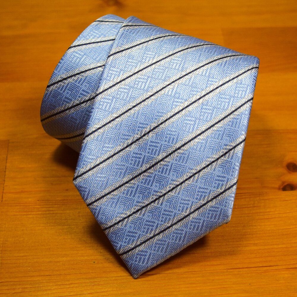 $450 Brioni Baby Blue White Regimental Geometric Silk Tie Handmade in Italy